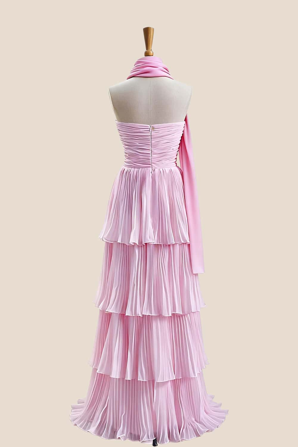 Yellow Pleated Tiered Maxi Dress with Scarf Long Prom Dresses