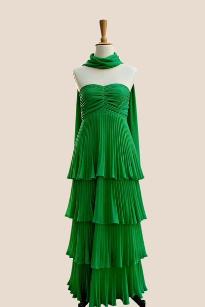 Yellow Pleated Tiered Maxi Dress with Scarf Long Prom Dresses