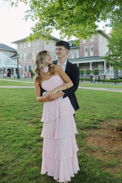 Yellow Pleated Tiered Maxi Dress with Scarf Long Prom Dresses