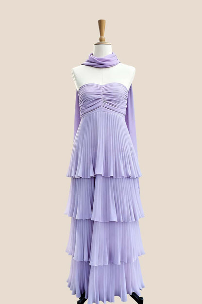 Yellow Pleated Tiered Maxi Dress with Scarf Long Prom Dresses