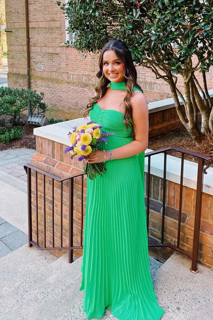 Yellow Pleated Tiered Maxi Dress with Scarf Long Prom Dresses