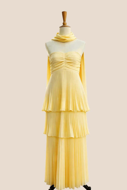 Yellow Pleated Tiered Maxi Dress with Scarf Long Prom Dresses