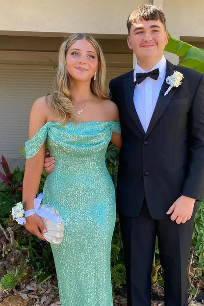 Off Shoulder Mermaid Sequin Prom Dress Floor Length Party Outfit