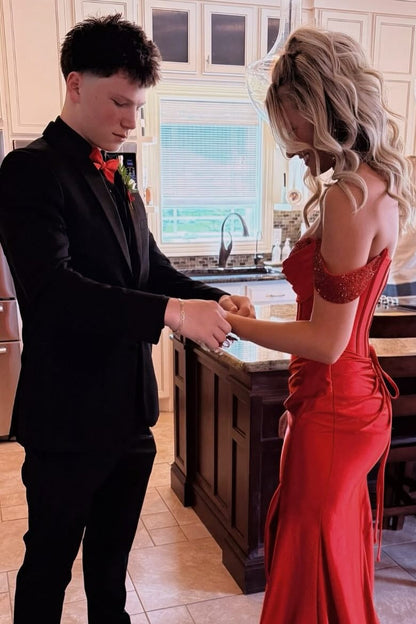 Off the Shoulder Red Mermaid Long Dress Leg Slit Bodycon Dresses
