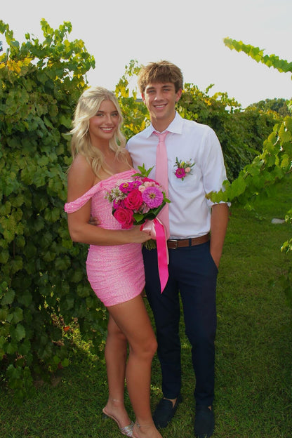 Off the Shoulder Pink Ruched Sequin Short Dresses Sparkly Dress Outfit