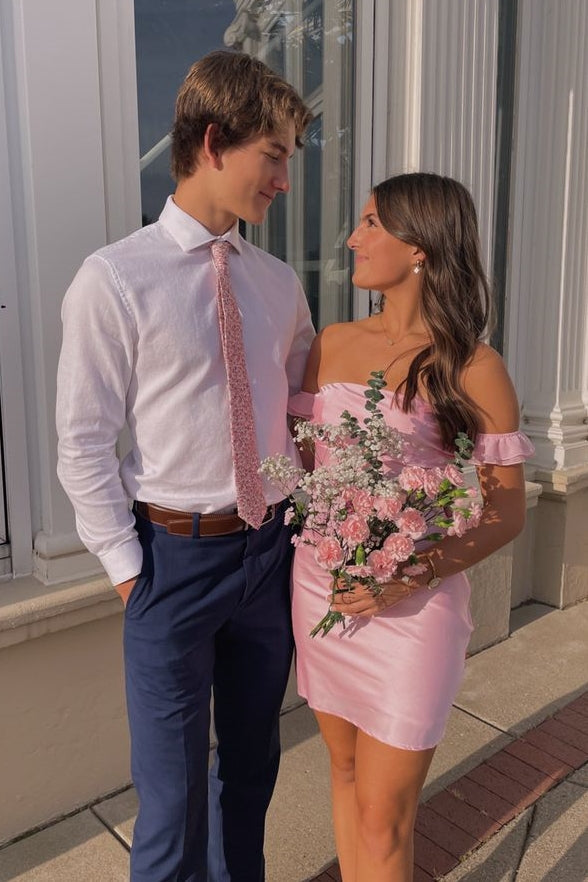 Off the Shoulder Pink Satin Sheath Short Cocktail Dress