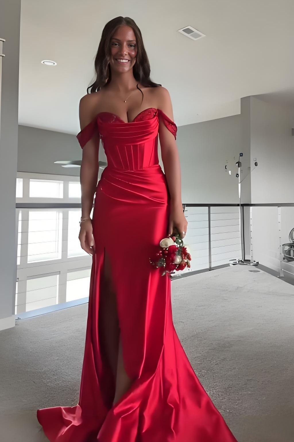 Off the Shoulder Red Mermaid Long Dress Leg Slit Bodycon Dresses