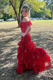 Red Sequin Tiered Mermaid Long Dress Slit Prom Dresses