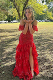 Red Sequin Tiered Mermaid Long Dress Slit Prom Dresses