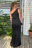 One Shoulder Mermaid Black Satin Long Prom Dress with High Slit