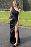 One Shoulder Mermaid Black Satin Long Prom Dress with High Slit