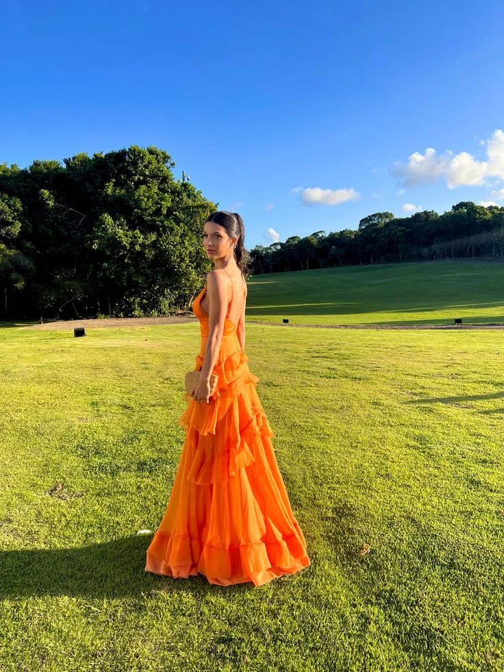 formal orange dress Orange Long Prom Dresses V Neck Formal Dress Outfits – jkprom