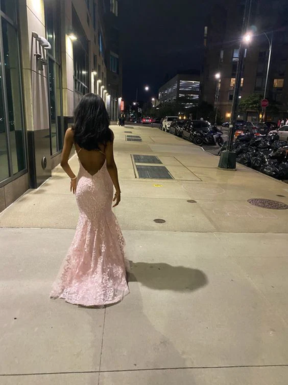 Sexy Mermaid Spaghetti Straps Lace Pink Prom Dress Birthday Outfit