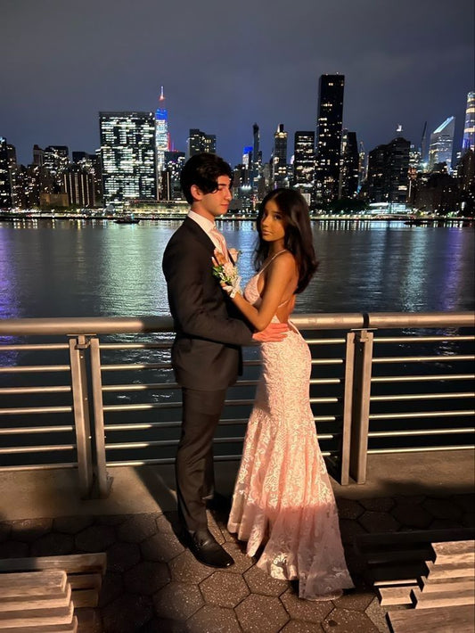 Sexy Mermaid Spaghetti Straps Lace Pink Prom Dress Birthday Outfit