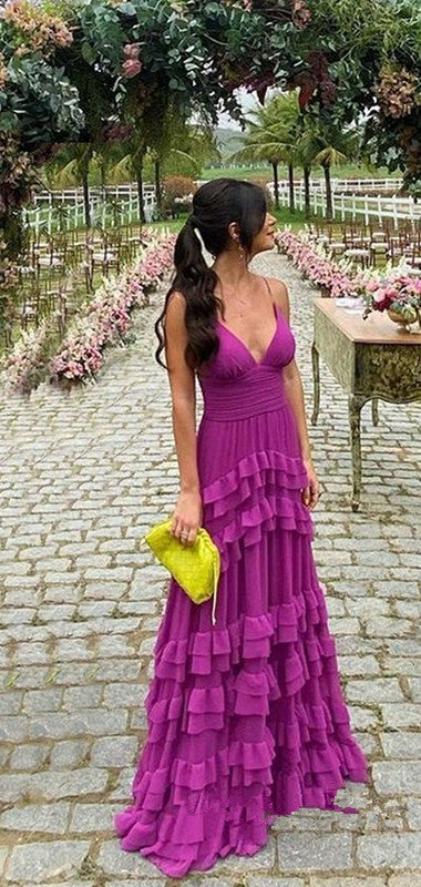 Elegant A line Long Tiered Ruffle Maxi Dress Chiffon Prom Dresses 22th Birthday Outfits