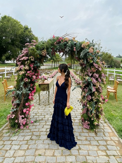 Elegant A line Long Tiered Ruffle Maxi Dress Chiffon Prom Dresses 22th Birthday Outfits
