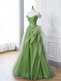 A-Line Layered Tulle Long Prom Dress,Green Birthday Dresses