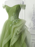 A-Line Layered Tulle Long Prom Dress,Green Birthday Dresses