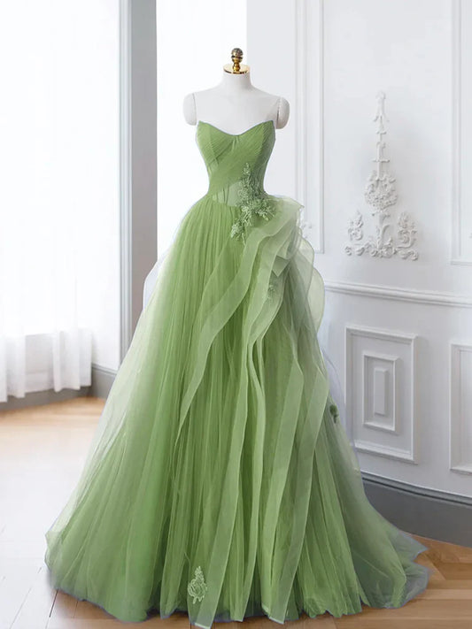 A-Line Layered Tulle Long Prom Dress,Green Birthday Dresses