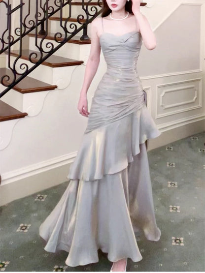 Modest Mermaid Long Prom Dresses Spaghetti Straps Birthday Party Dress Evening Gowns