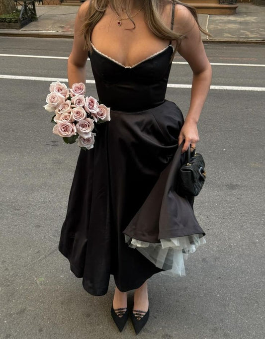 Vintage A Line Straps Black Satin Prom Dresses Wedding Party Gowns