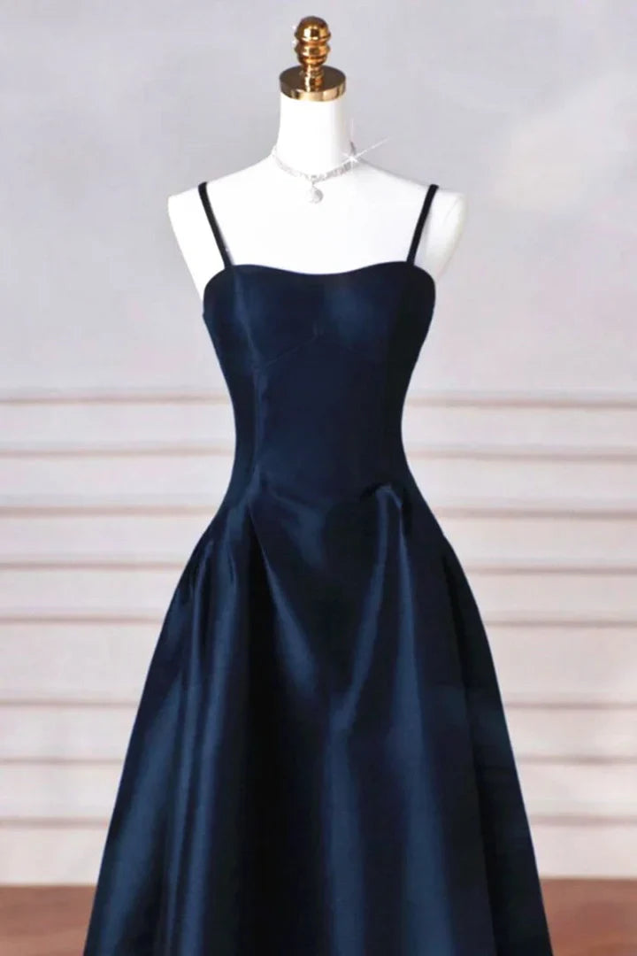 Navy Blue Satin Straps Long Formal Dresses Ball Gown Dress for Woman