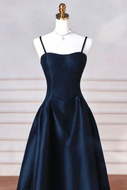 Navy Blue Satin Straps Long Formal Dresses Ball Gown Dress for Woman
