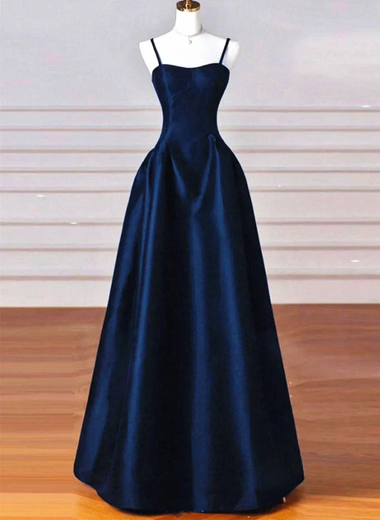 Navy Blue Satin Straps Long Formal Dresses Ball Gown Dress for Woman