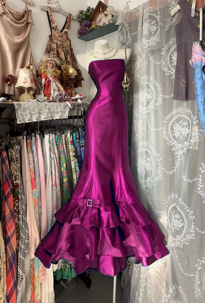 Strapless Royal Blue Satin Prom Dress Mermaid Tiered Ruffled Skirt Formal Dresses