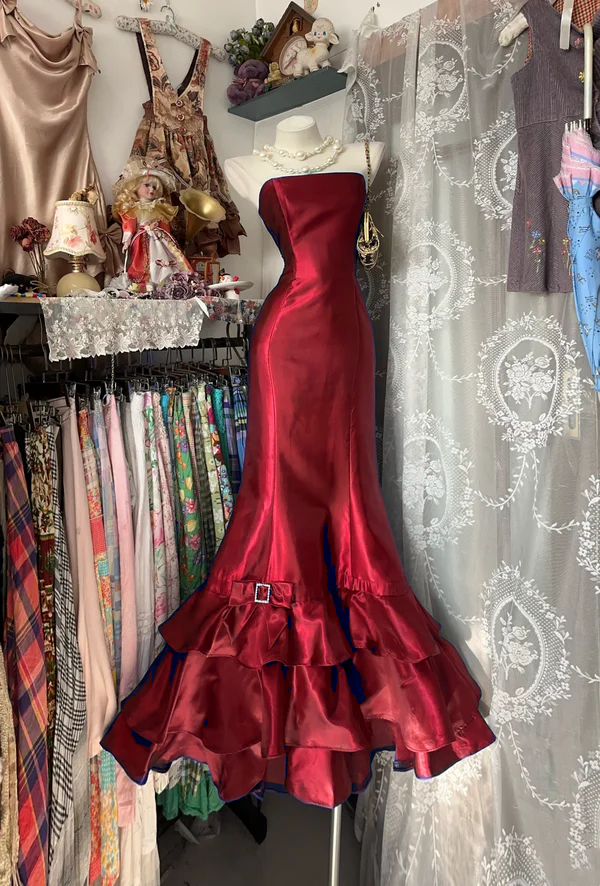 Strapless Royal Blue Satin Prom Dress Mermaid Tiered Ruffled Skirt Formal Dresses