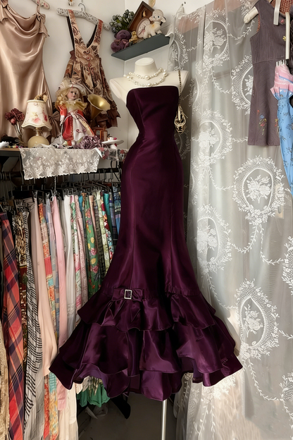 Strapless Royal Blue Satin Prom Dress Mermaid Tiered Ruffled Skirt Formal Dresses