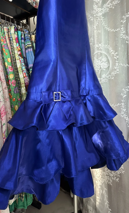 Strapless Royal Blue Satin Prom Dress Mermaid Tiered Ruffled Skirt Formal Dresses