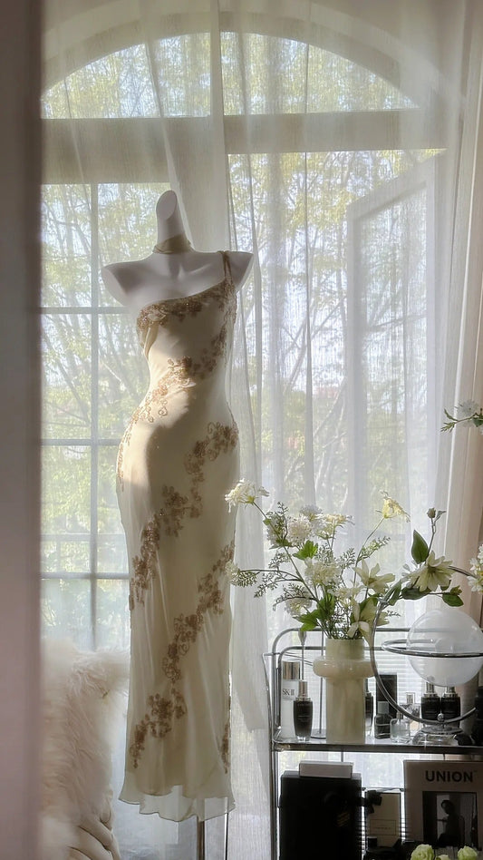 Flowy One Shoulder Chiffon Beaded Elegant Prom Dress Formal