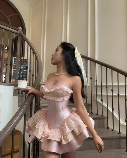 Princess Pink Sweetheart Satin A-Line 17th Birthday Dress Prom Outfit