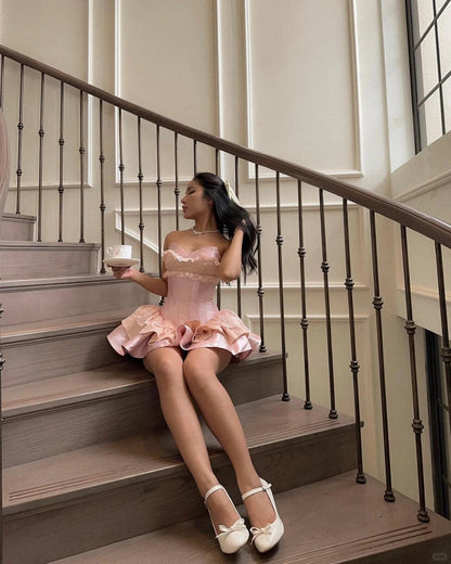 Princess Pink Sweetheart Satin A-Line 17th Birthday Dress Prom Outfit
