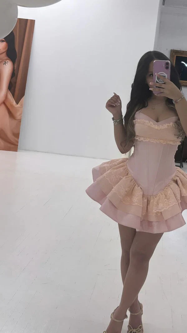 Princess Pink Sweetheart Satin A-Line 17th Birthday Dress Prom Outfit