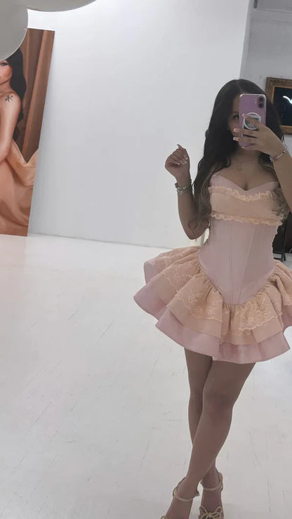 Princess Pink Sweetheart Satin A-Line 17th Birthday Dress Prom Outfit