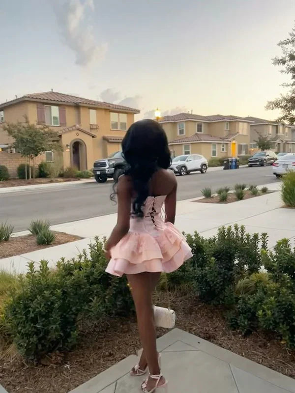 Princess Pink Sweetheart Satin A-Line 17th Birthday Dress Prom Outfit