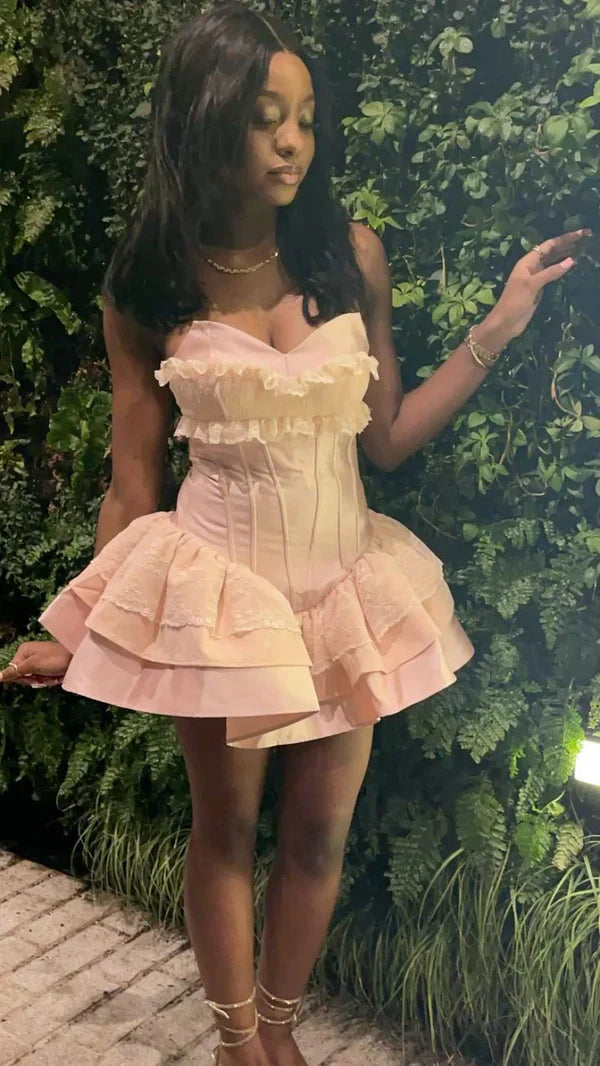 Princess Pink Sweetheart Satin A-Line 17th Birthday Dress Prom Outfit