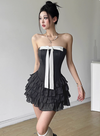 Sweet Black Tube Top Bowknot Herringbone Cake Skirt Party Dress Short