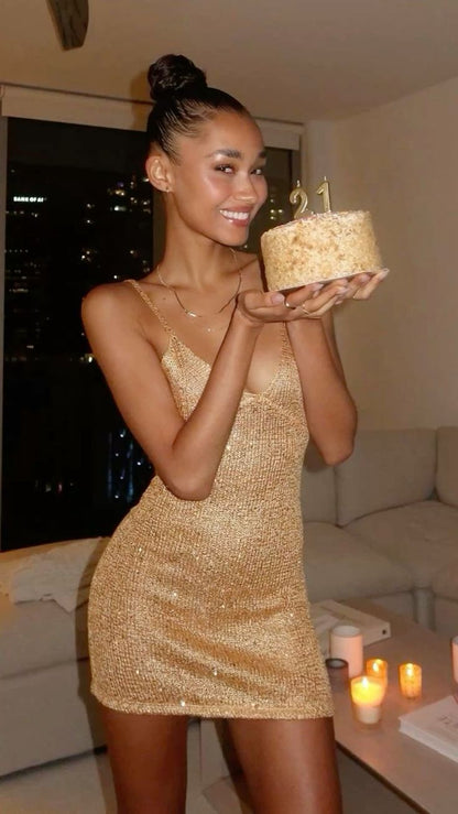 V Neck Gold Sequin Dress Short Graduation Cocktail Gown