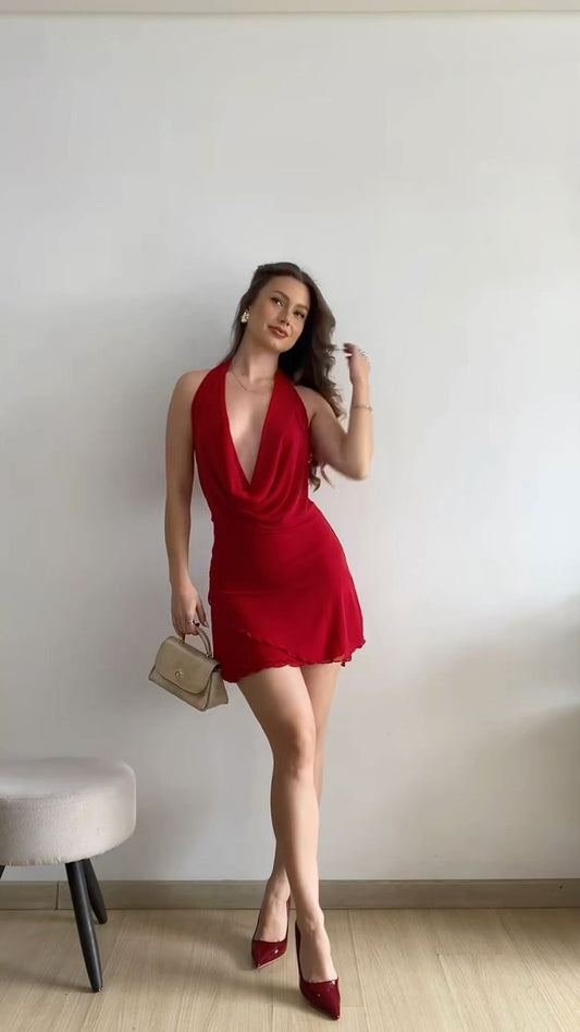 Red Chiffon Plunging V Neck Dress Short Formal Gown