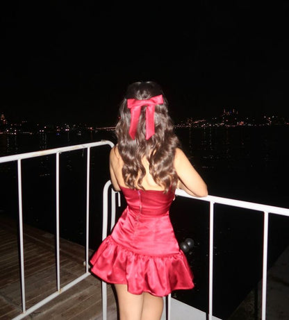 Elegant Burgundy Satin A-line Birthday Gown Short Dresses Party Night