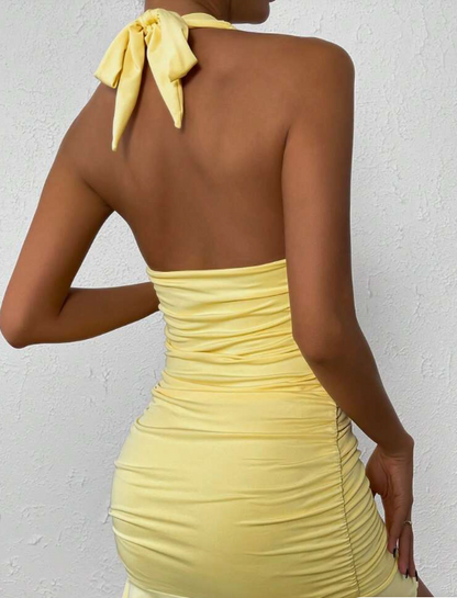 Elegant Yellow Halter Neck Slim Fit 19th Birthday Dress Short Formal D jkprom Elegant Yellow Halter Neck Slim Fit 19th Birthday Dress Short Formal D jkprom