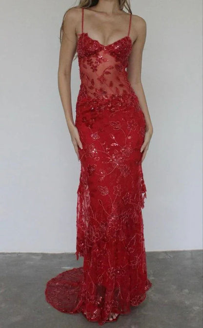 Beautiful Spaghetti Straps Birthday Party Dresses Red Lace Prom Dress
