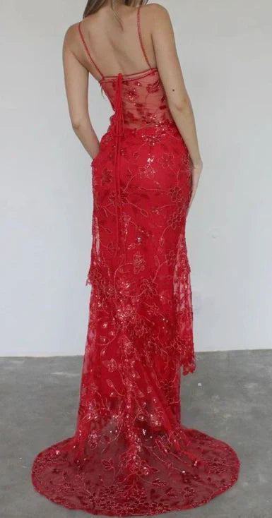 Beautiful Spaghetti Straps Birthday Party Dresses Red Lace Prom Dress