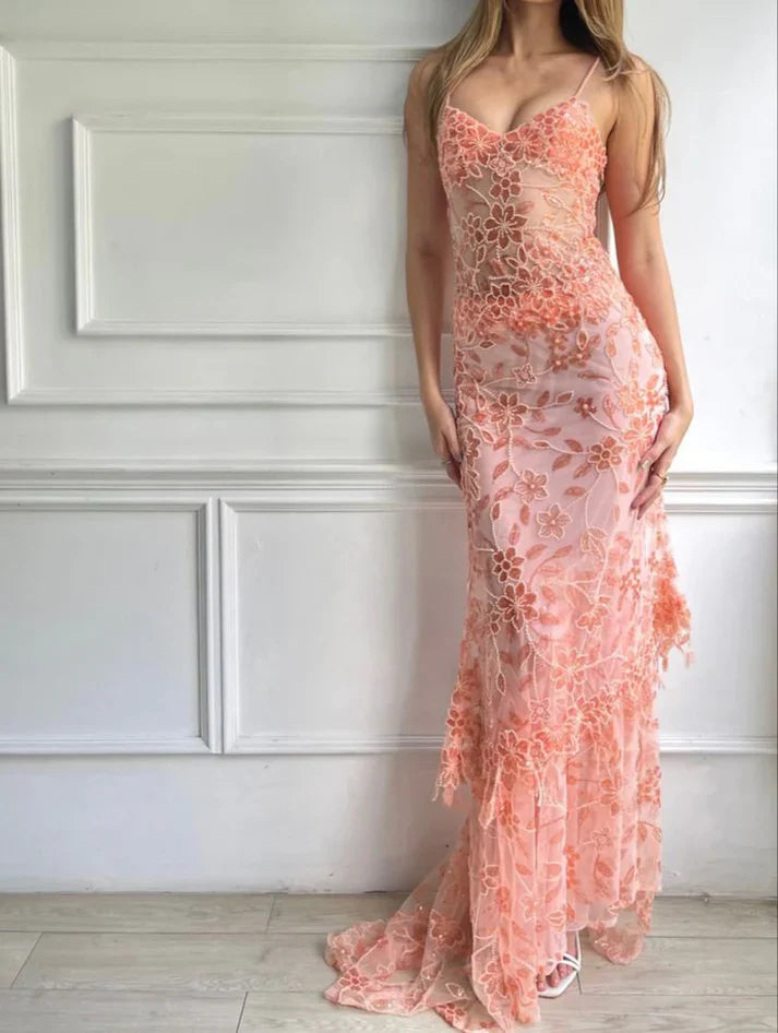 Beautiful Spaghetti Straps Birthday Party Dresses Red Lace Prom Dress