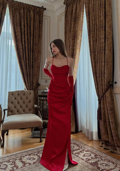 Elegant Red Sheath Long Evening Dress with Slit Spaghetti Strap Casual Prom Dresses