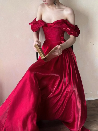 Classy A Line Party Dress Outfits Off the Shoulder Satin Long Prom Dress