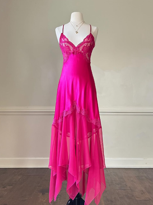 Hot Pink A Line Prom Dress Spaghetti Strap V Neck Formal Dresses